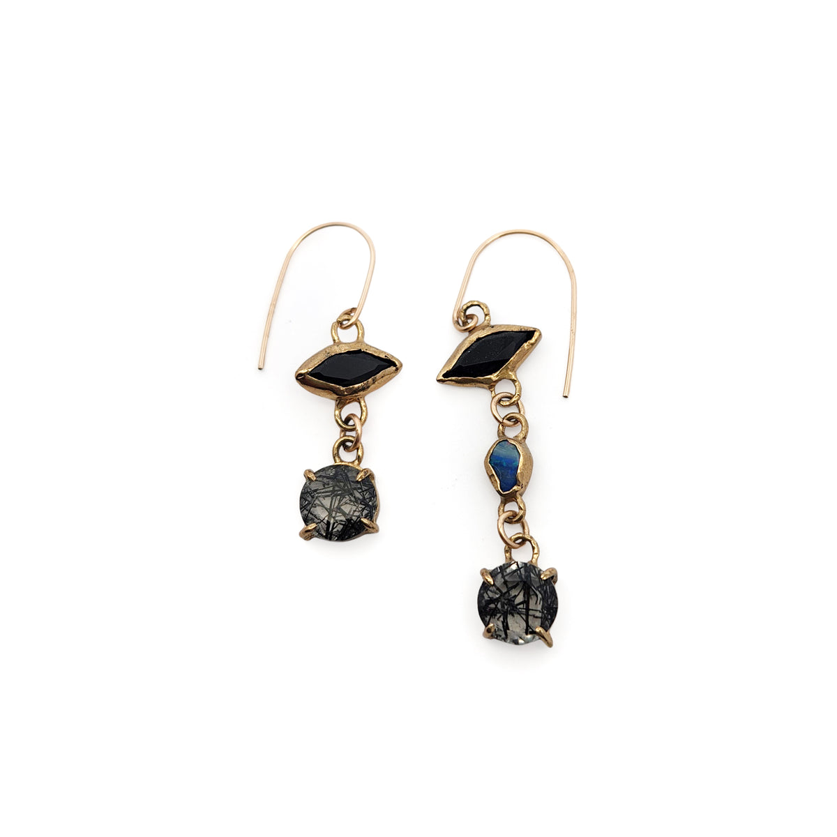 Tourmalated Quartz, Onyx & Opal Assymetric Drop Earrings