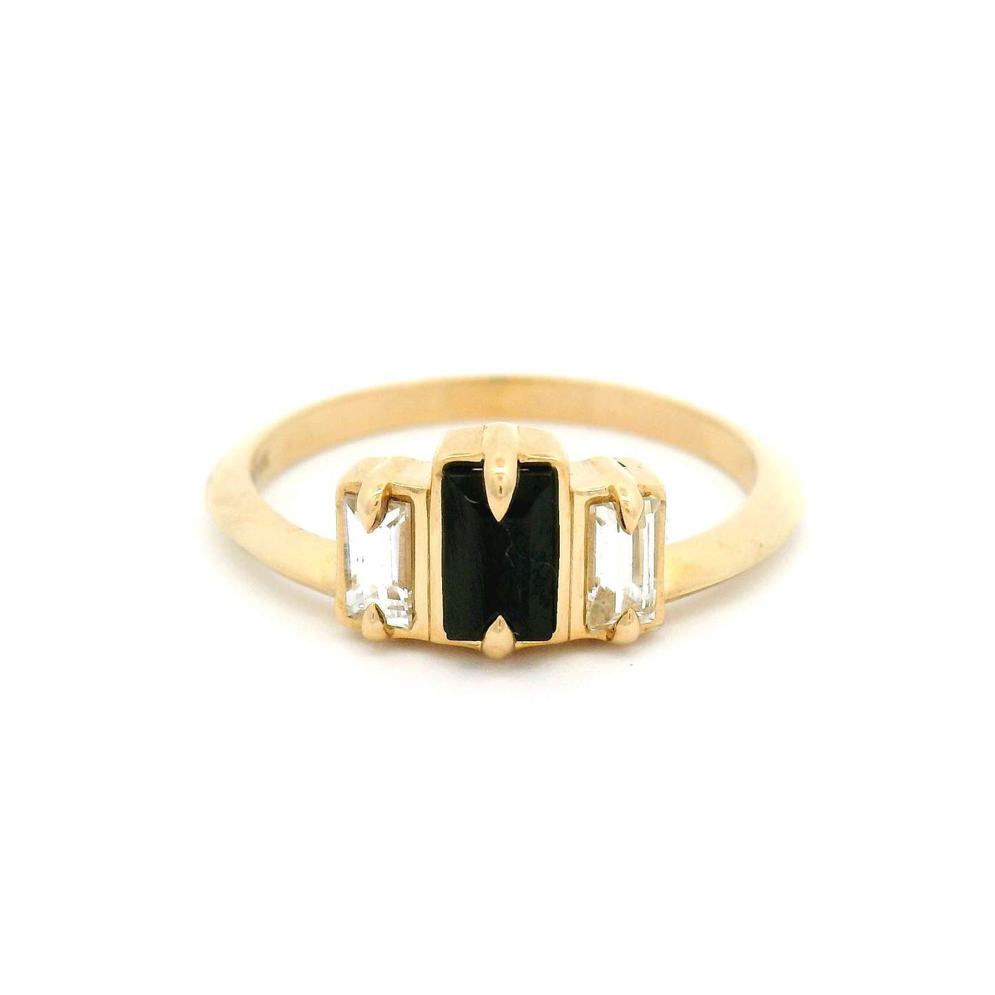 10k Yellow Three Stone Ring with 0.33ct Black Spinel and White Sapphire Baguettes