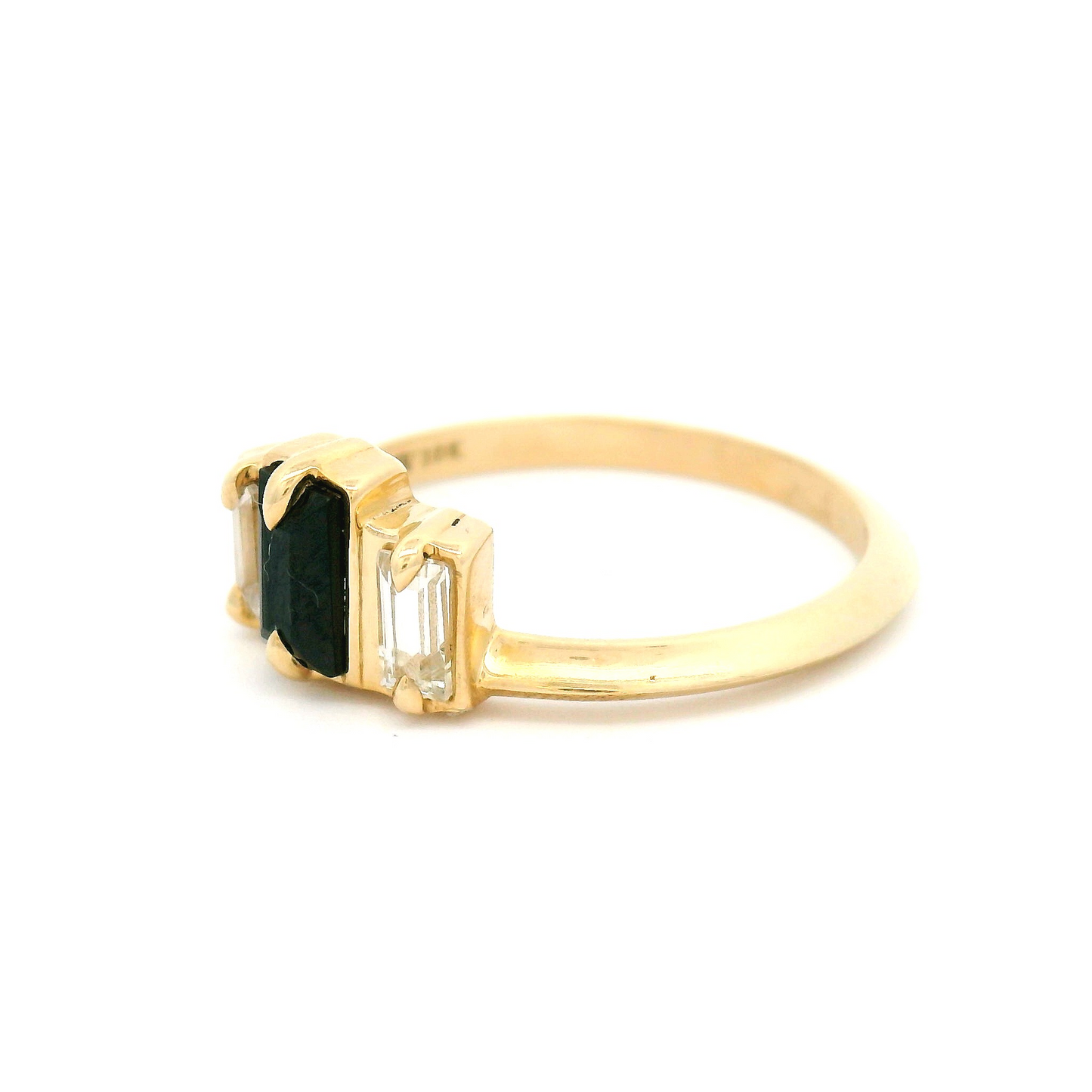 10k Yellow Three Stone Ring with 0.33ct Black Spinel and White Sapphire Baguettes