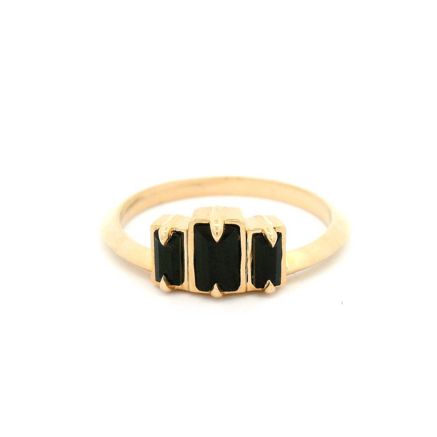 10k Yellow Three Stone Ring with 0.57cts of Emerald-Cut Black Spinels