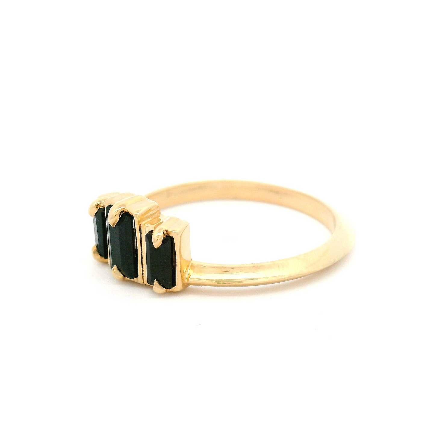 10k Yellow Three Stone Ring with 0.57cts of Emerald-Cut Black Spinels