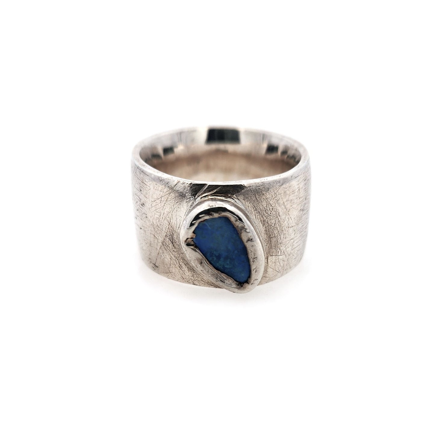 Wide Rough Silver Band with Opal Slice