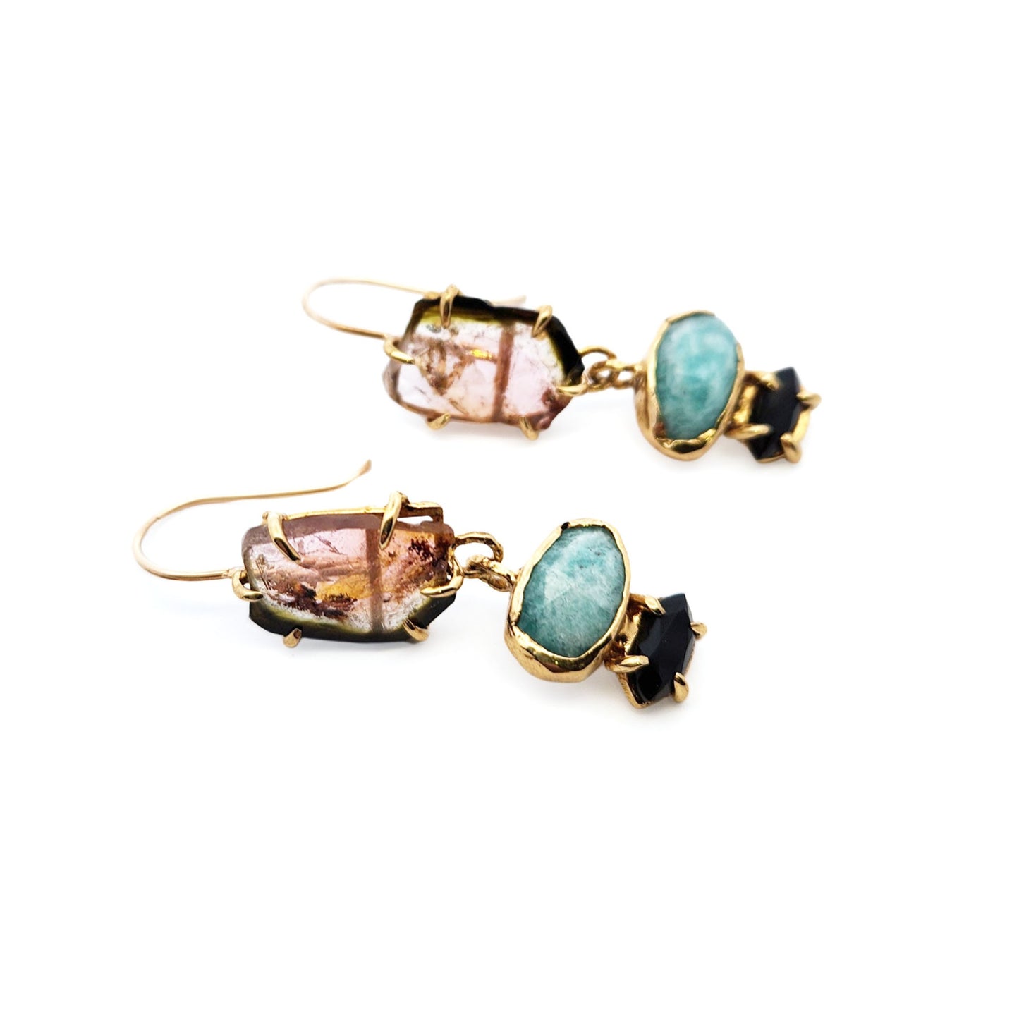 Watermelon Tourmaline, Amazonite & Onyx Drop Earrings