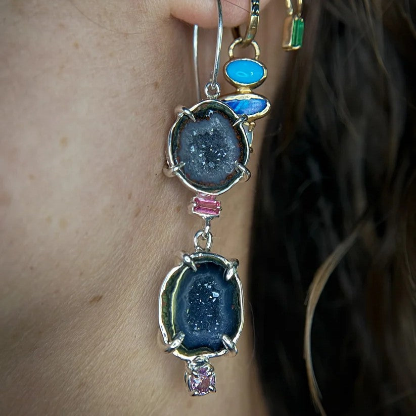 Geode, Pink Spinel & Quartz Double Drop Earrings