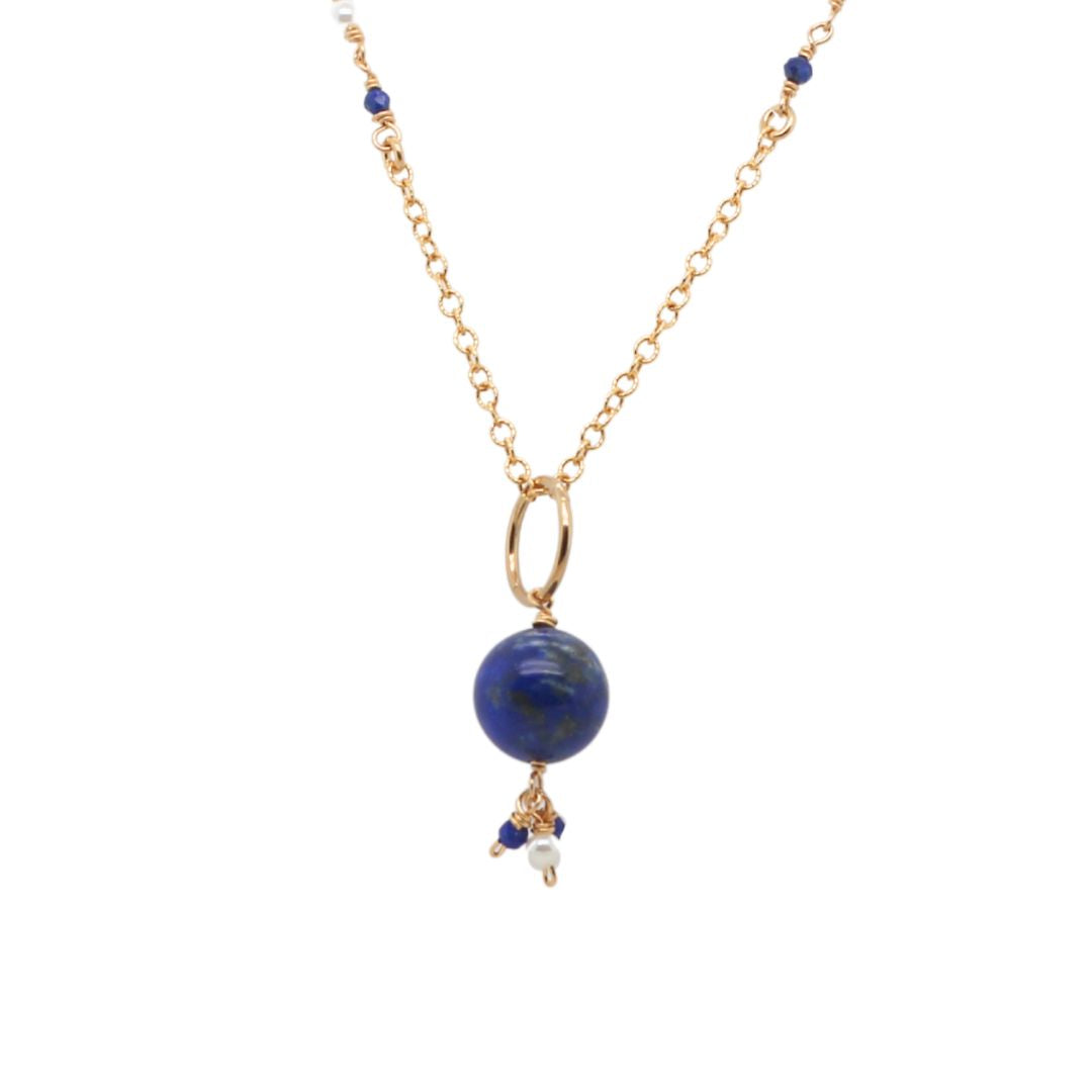Lapis & Pearl Cluster Drop Necklace