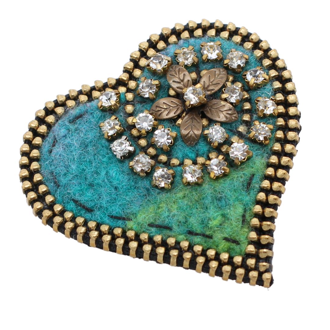 Sparkly Wool & Zipper Heart Brooch