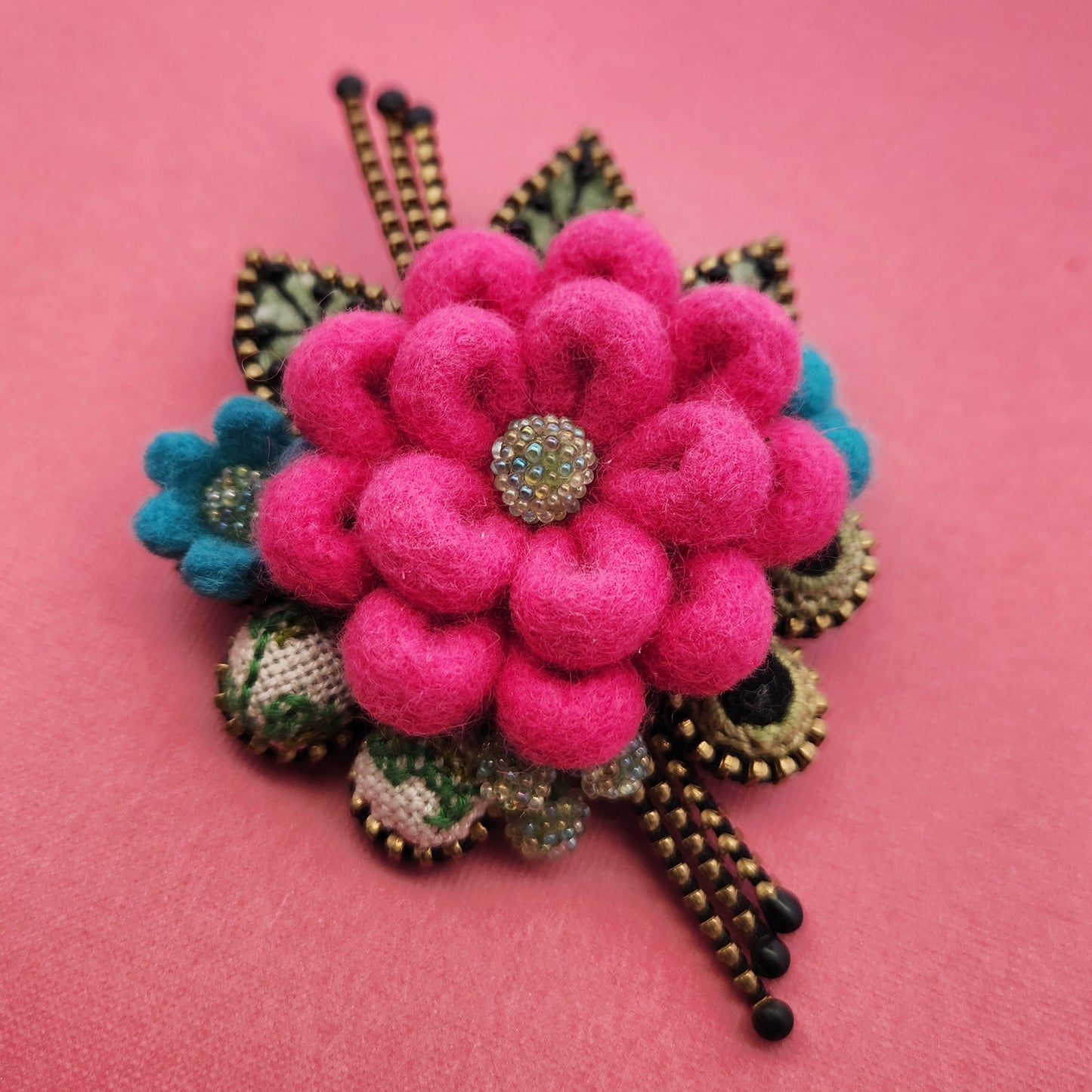 Felted Pink Bouquet Flower Brooch