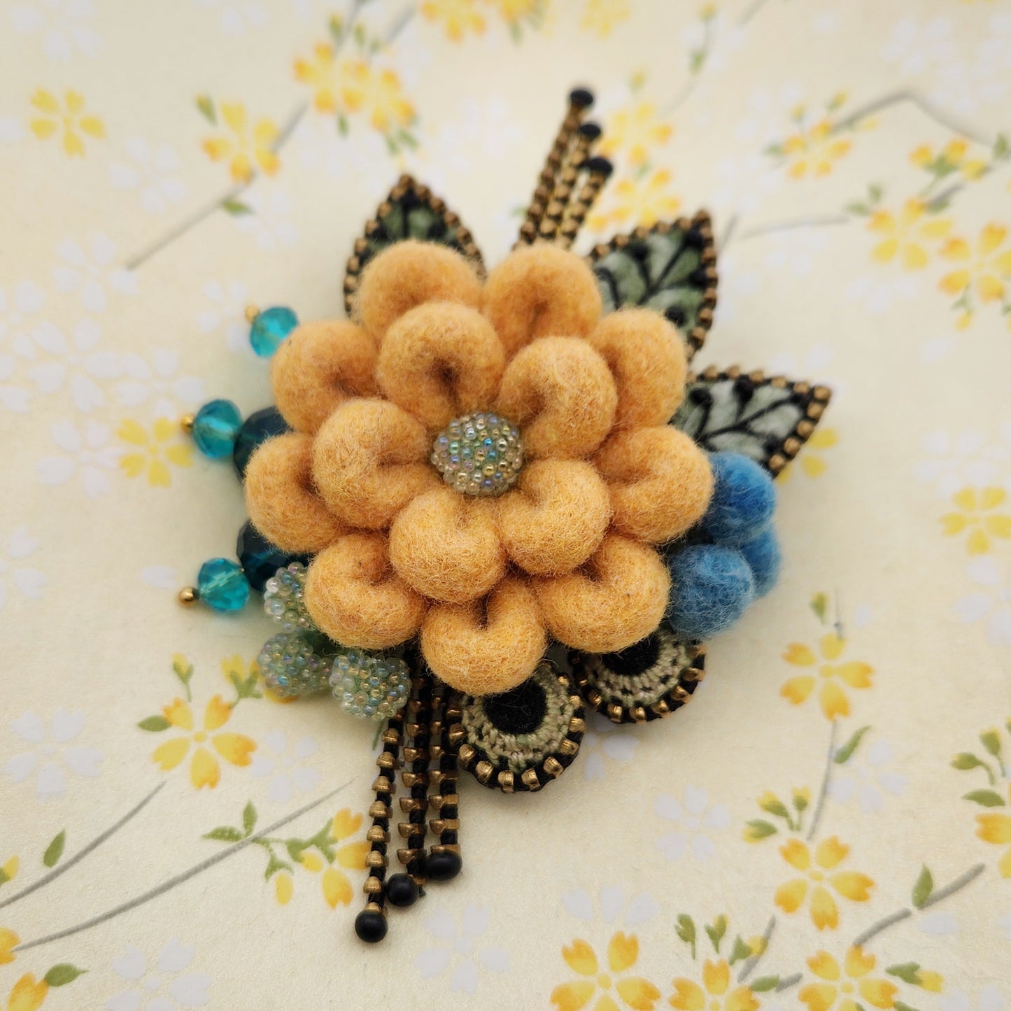 Felted Yellow Bouquet Flower Brooch