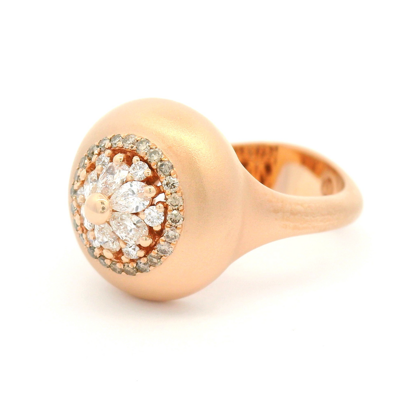 14k Rose Gold Matte Finish Ring with Multi-Cut Diamond Cluster