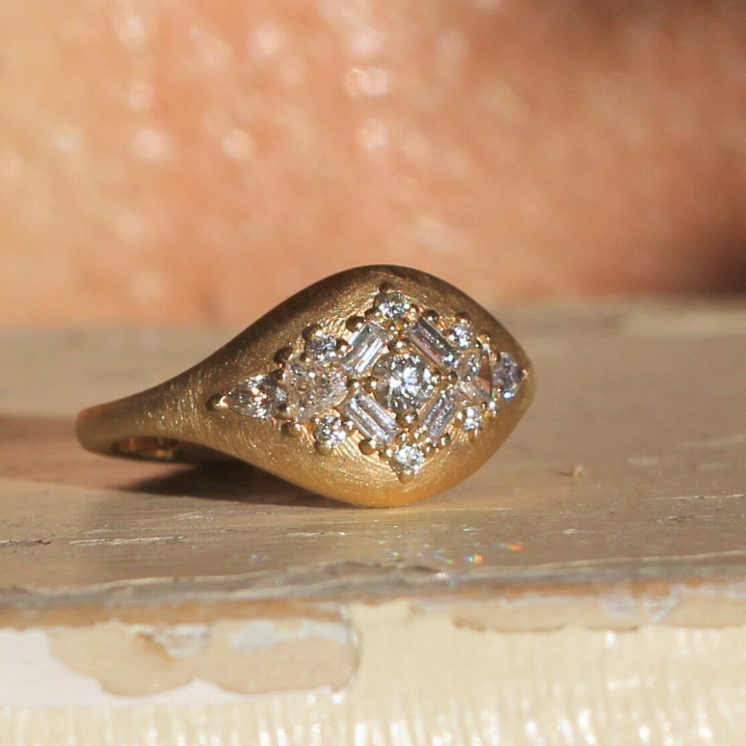14k Yellow Engagement Signet Ring with 0.57cts Diamonds