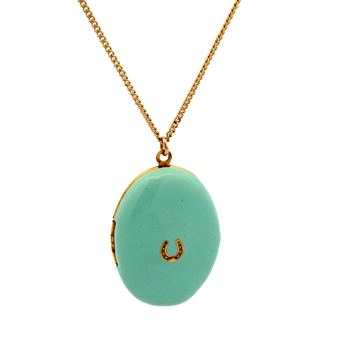 Blue-Green Enamel Horseshoe Locket Pendant