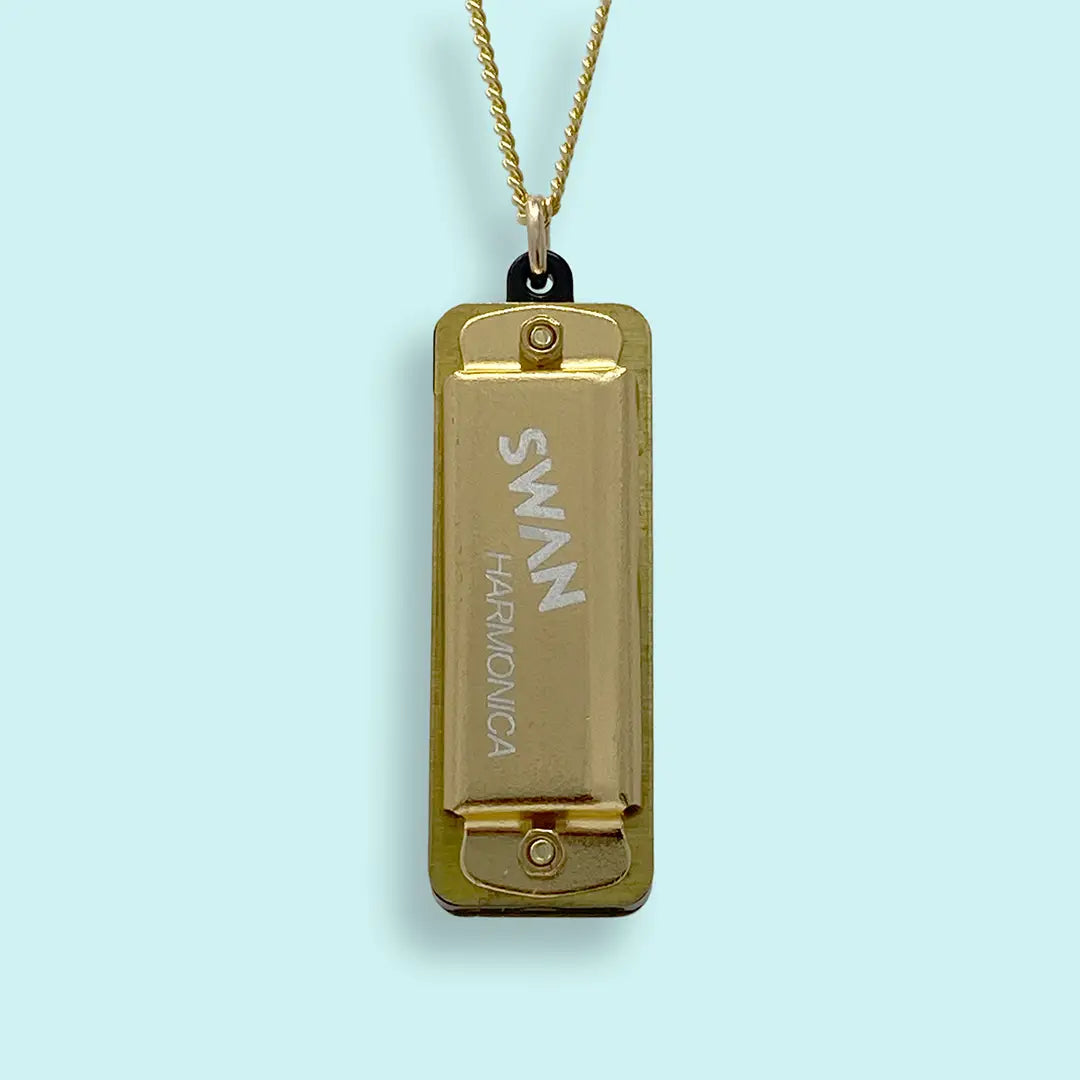 Miniature Harmonica Pendant Necklace - Golden
