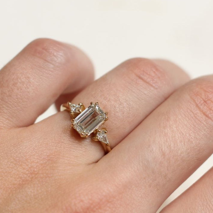 14k Yellow Lab Diamond Engagement Ring with 1.66ct Emerald Cut and Accent Kite Cut Diamonds