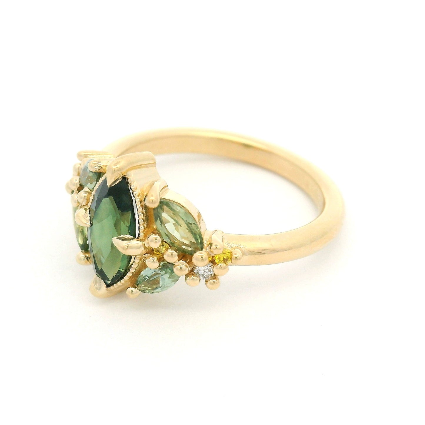 14k Yellow Engagement Ring with 1.01ct Natural Green Sapphire, Accent Natural Light Green Sapphires & Yellow Lab Diamonds