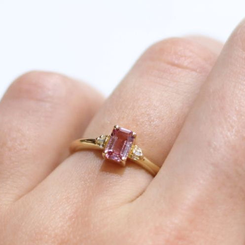Sorbetto - 14k Yellow Pink Sapphire Engagement Ring with Accent Baguette Diamonds