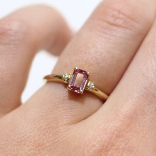 Sorbetto - 14k Yellow Pink Sapphire Engagement Ring with Accent Baguette Diamonds