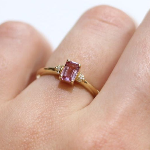 Sorbetto - 14k Yellow Pink Sapphire Engagement Ring with Accent Baguette Diamonds