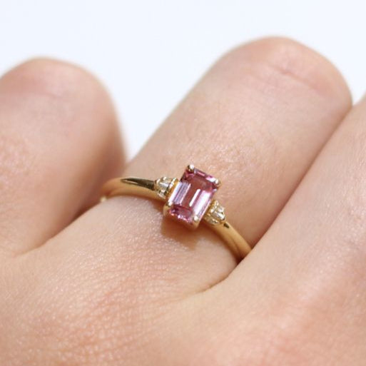 Sorbetto - 14k Yellow Pink Sapphire Engagement Ring with Accent Baguette Diamonds