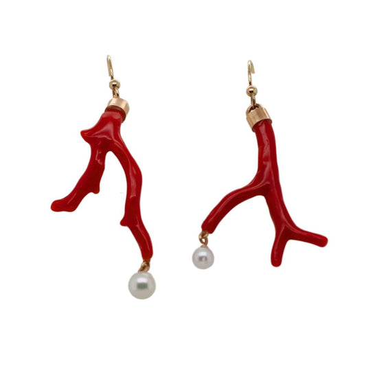 Red Sea - Gold Red Coral + Pearl Earrings