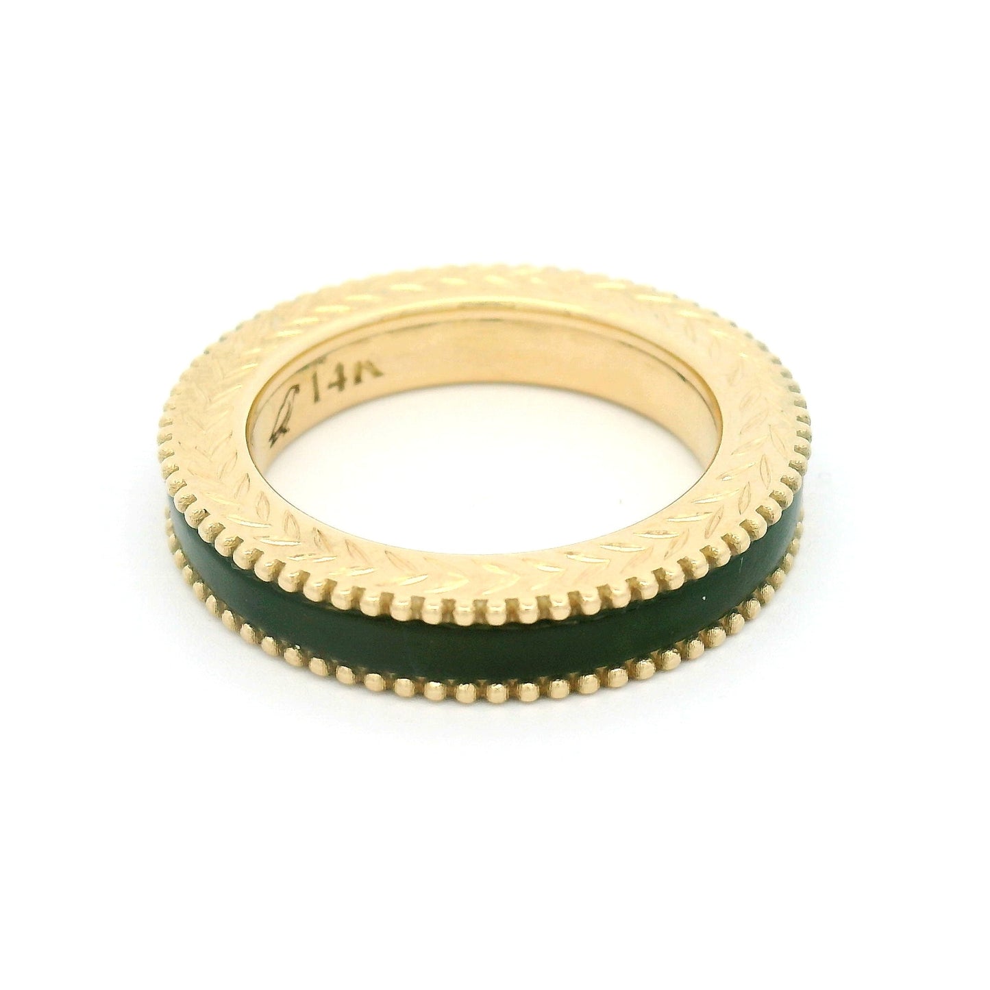 14k Yellow 4mm Wide Hand-Engraved Band with Inlaid Nephrite Jade