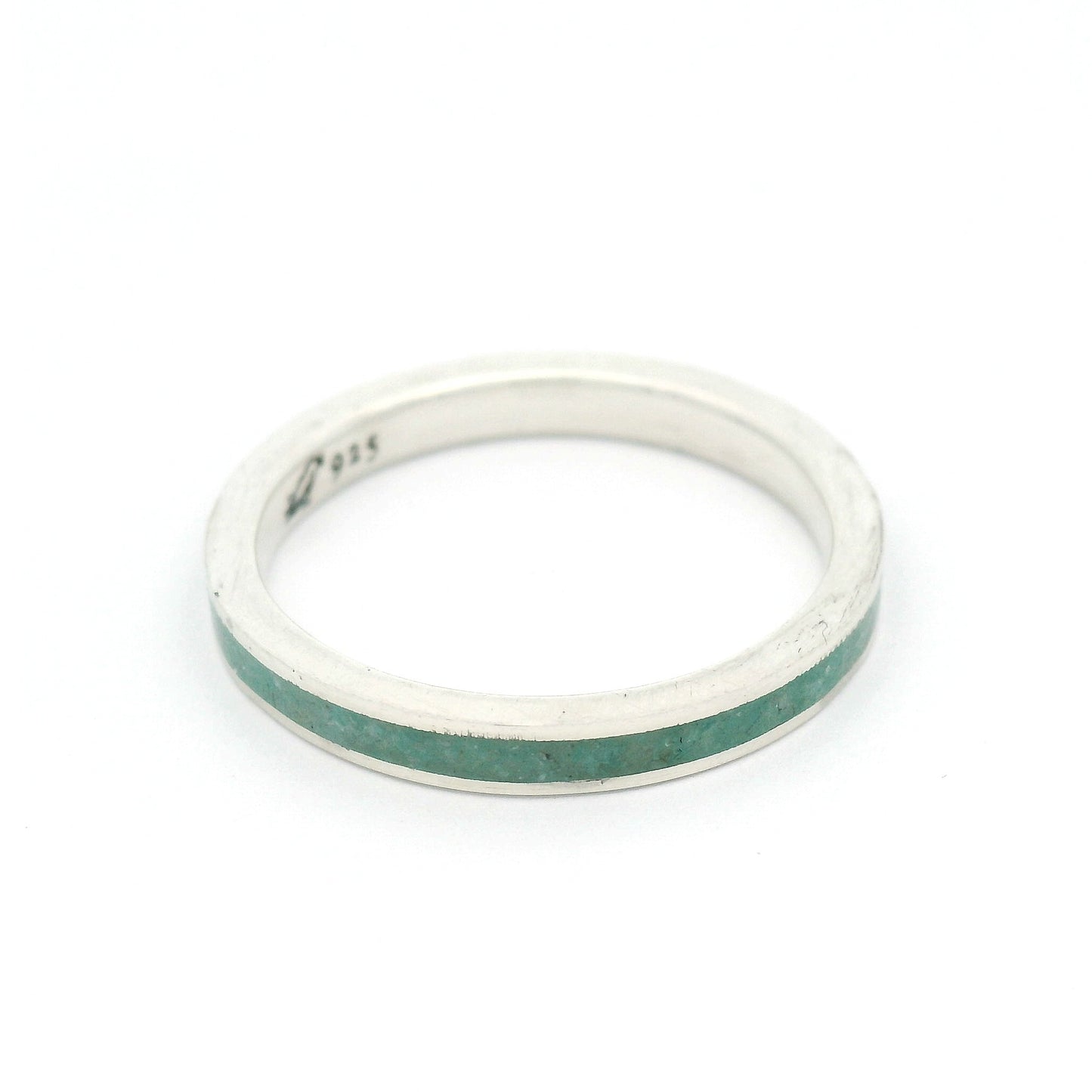 2.5mm sterling silver ring with polished edges and a natural amazonite stone inlay in soft blue-green tones.