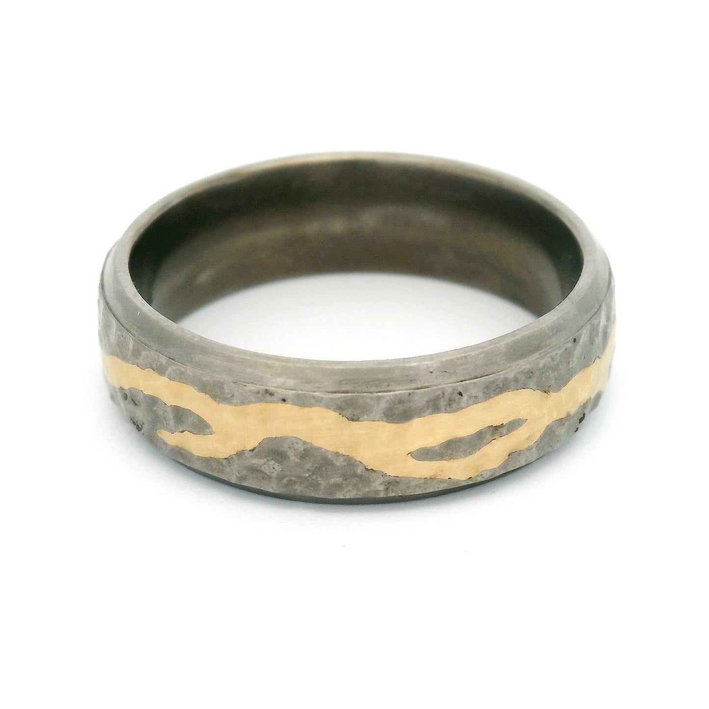 Titanium 7mm Wide Heavy Texture Band with 18k Yellow Inlay