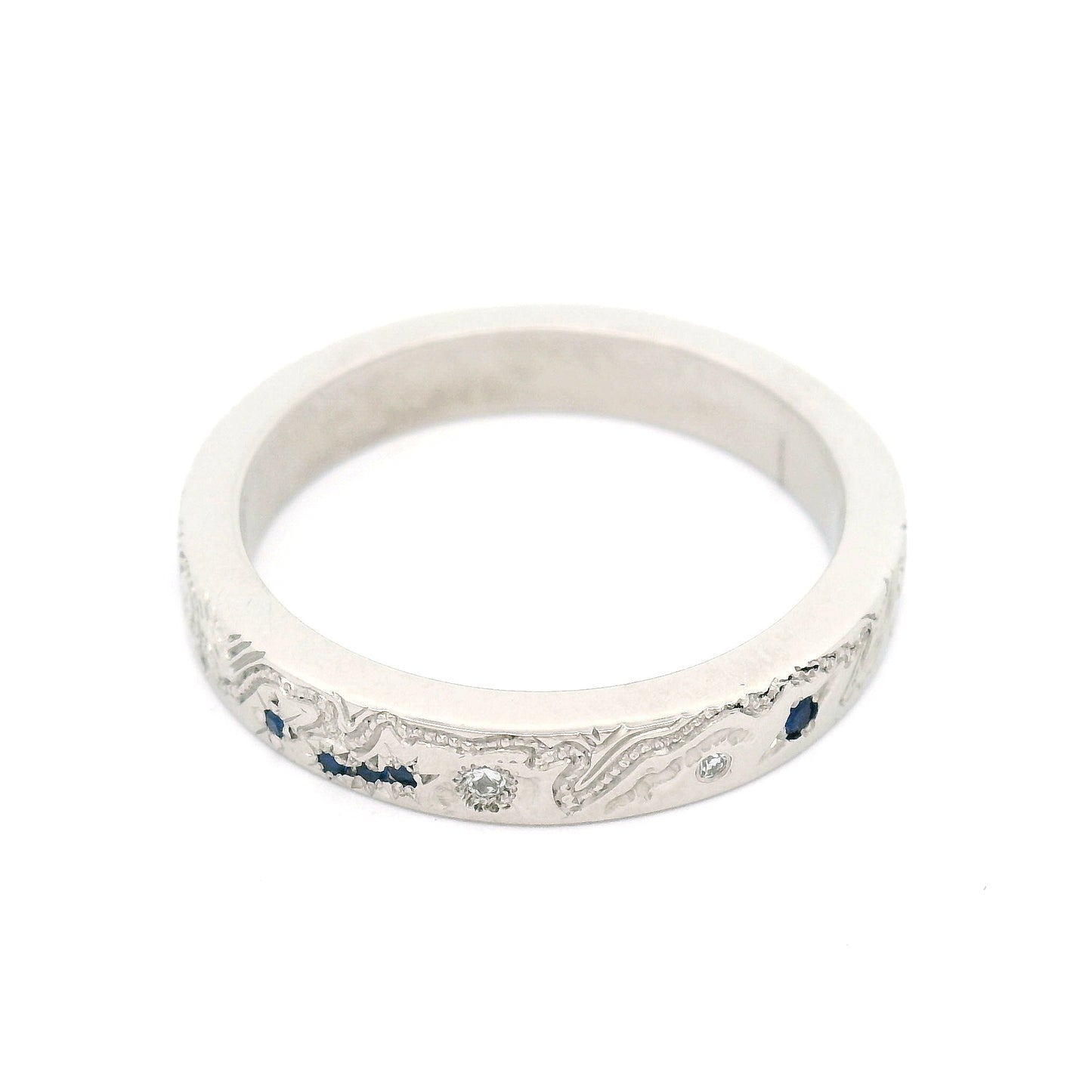 Platinum Hand-Engraved Band with Lab-Grown Sapphires and Lab-Grown Diamonds