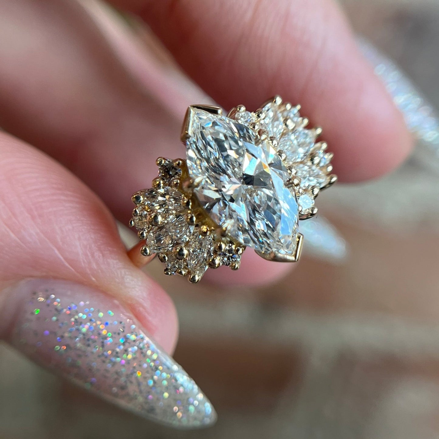 14k Yellow Engagement Ring with 2.0ct Marquise-Shaped Lab-Grown Diamond and Lab-Grown Accent Diamonds