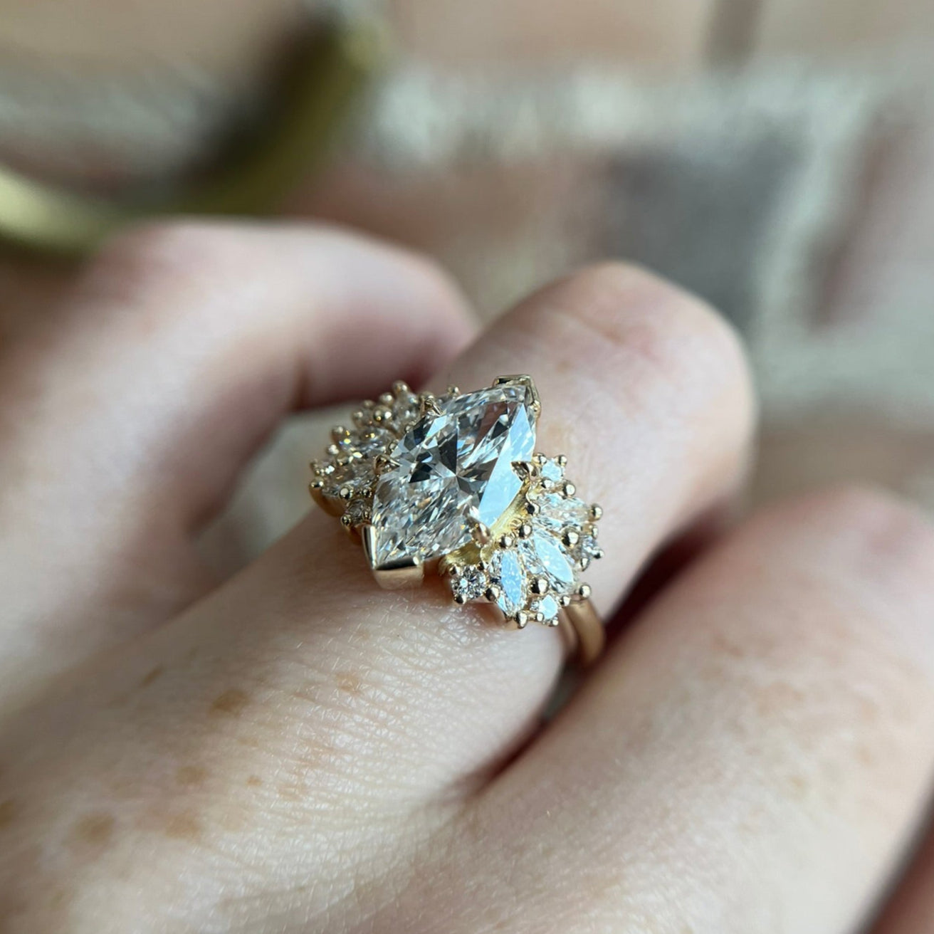 14k Yellow Engagement Ring with 2.0ct Marquise-Shaped Lab-Grown Diamond and Lab-Grown Accent Diamonds