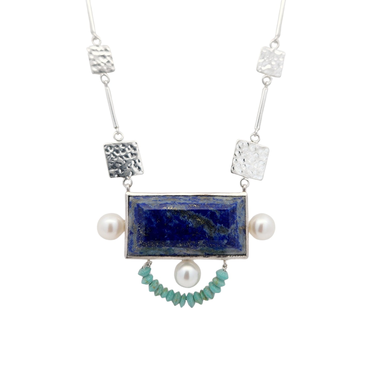 Hammered Square Links Lapis Lazuli, Pearl & Turquoise Necklace