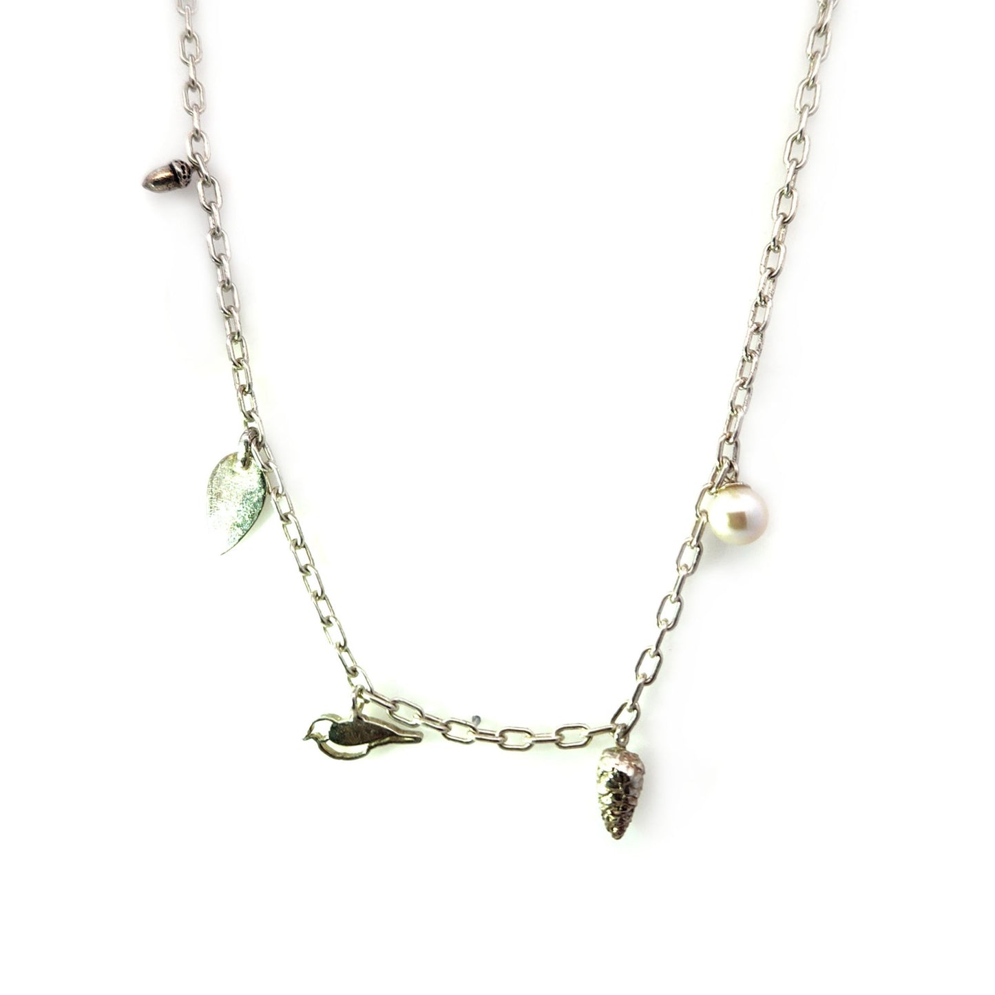 Sterling Silver Pearl, Bird & Leaf Necklace