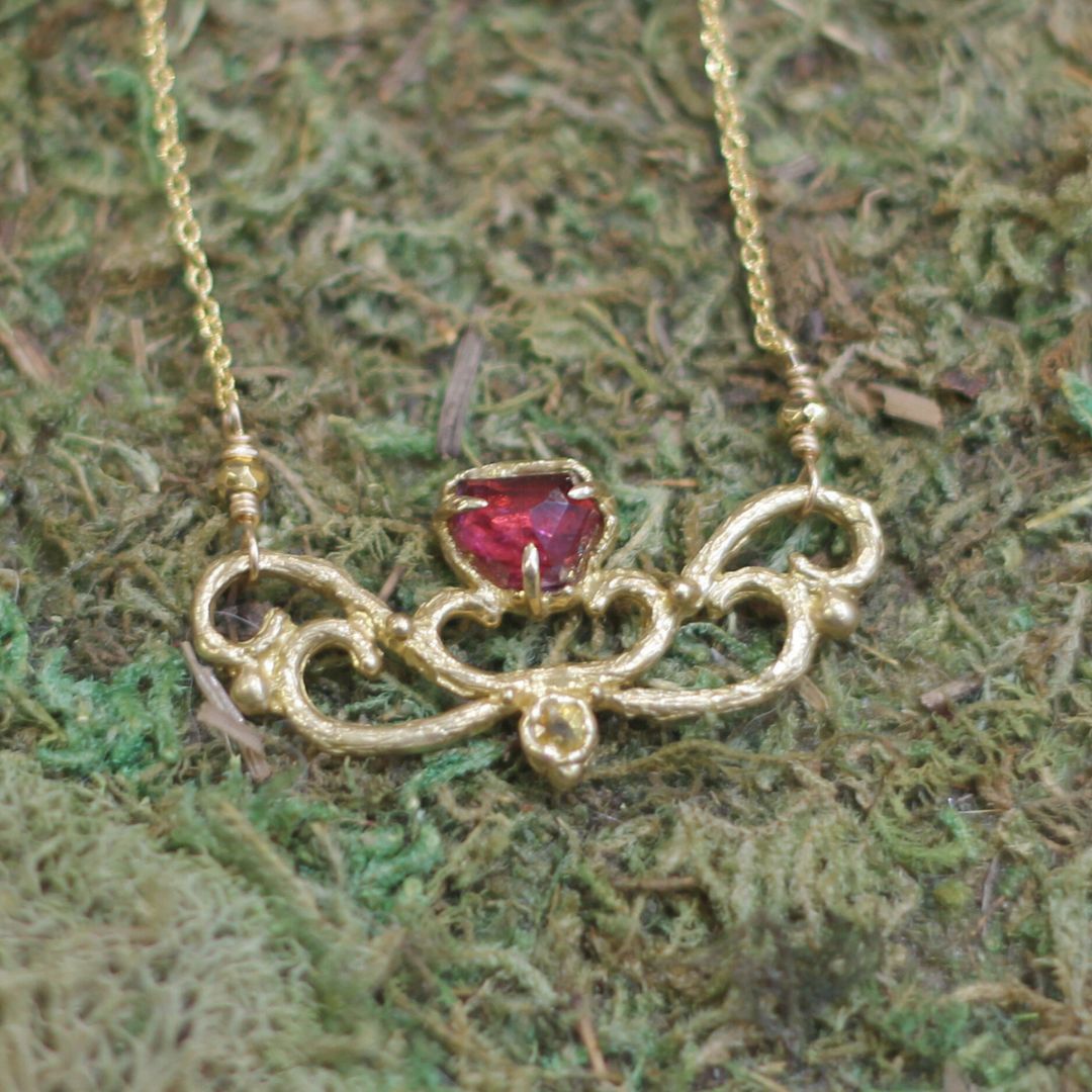 Garnet and Sapphire Organic Textured Brass Necklace