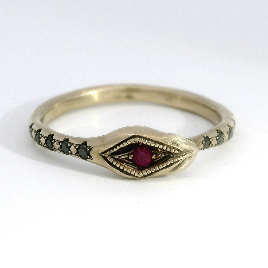 Ourobors - Ruby & Black Diamond Gold Snake Ring
