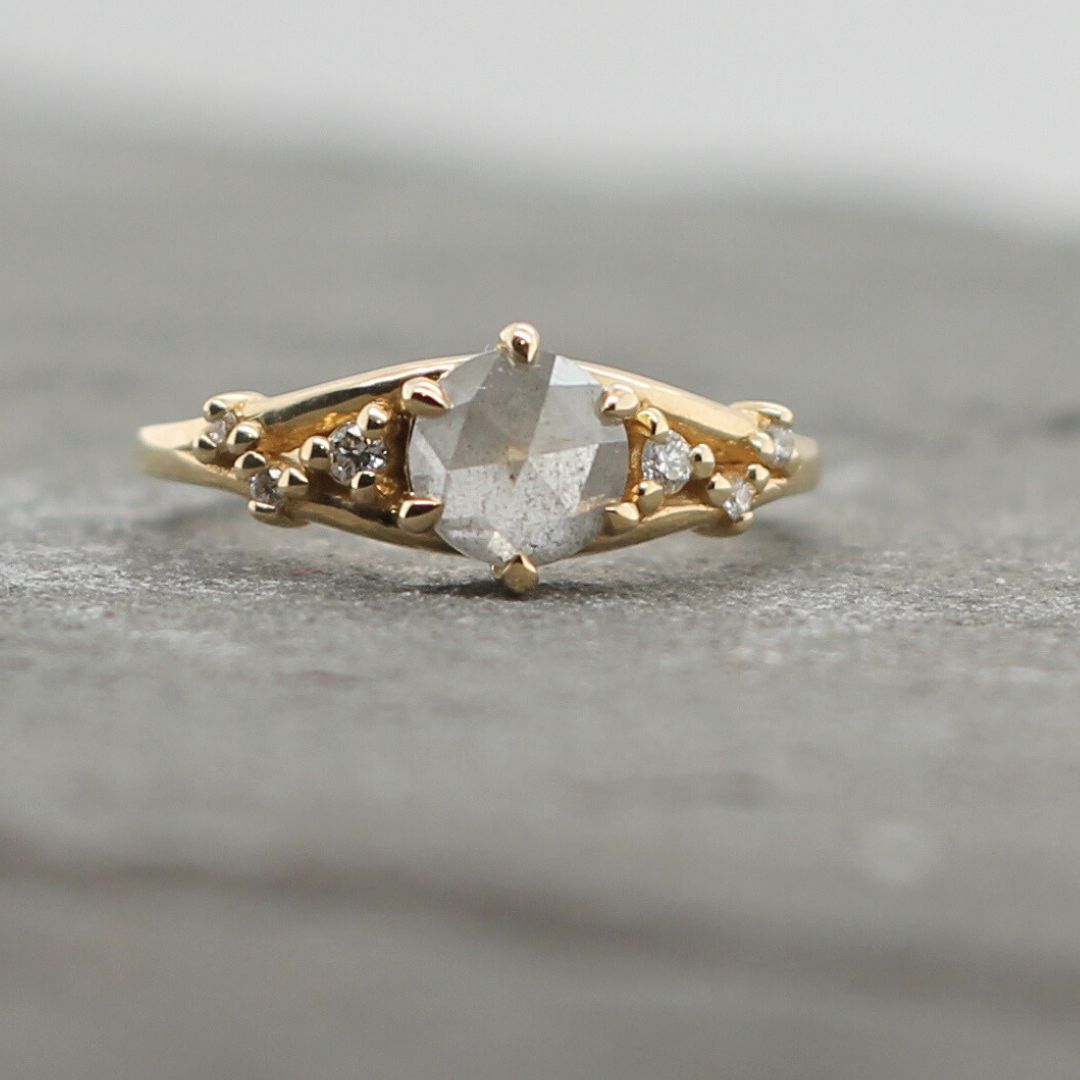 14k Yellow Engagement Ring with 1.08ct Rose-Cut Salt and Pepper Diamond and Accent Diamonds