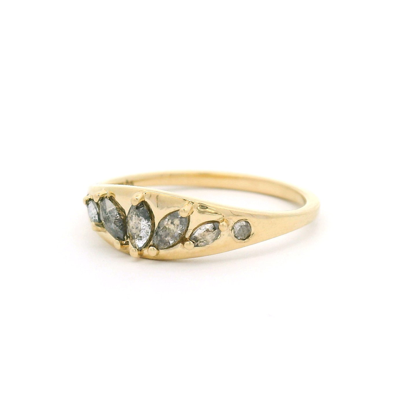 14K yellow gold ring with five salt & pepper marquise diamonds in a fan pattern and two round diamond accents on a tapered band.