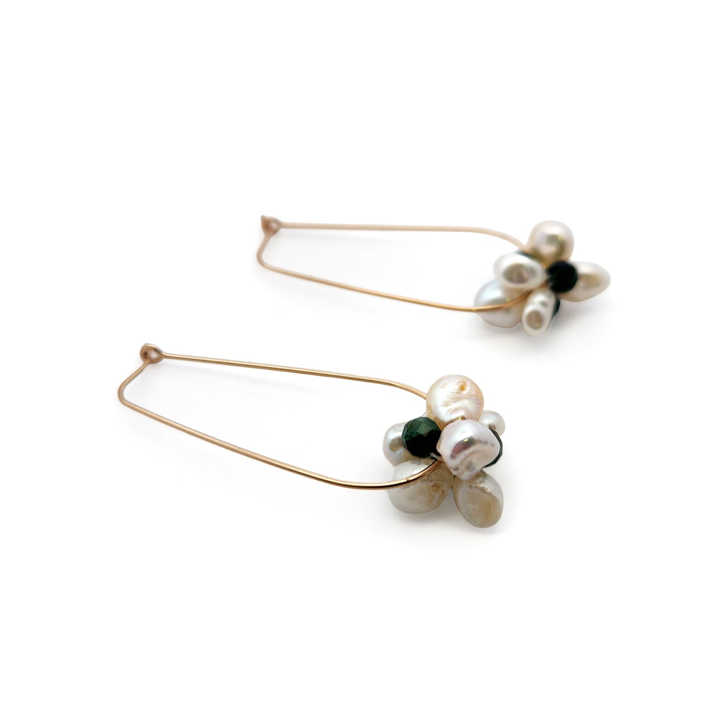 White & Green Pearl Flower Cluster Hoop Earrings
