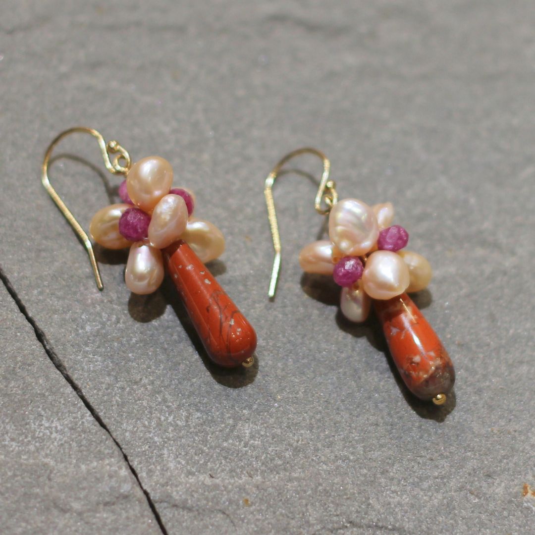 Ruby, Pearl & Agate Cluster Earrings