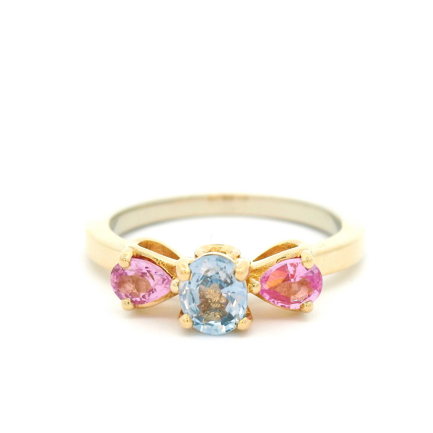 14k Yellow and White Three Stone Engagement Ring with 0.45ct Blue Oval Sapphire and Pink Sapphire Side Stones