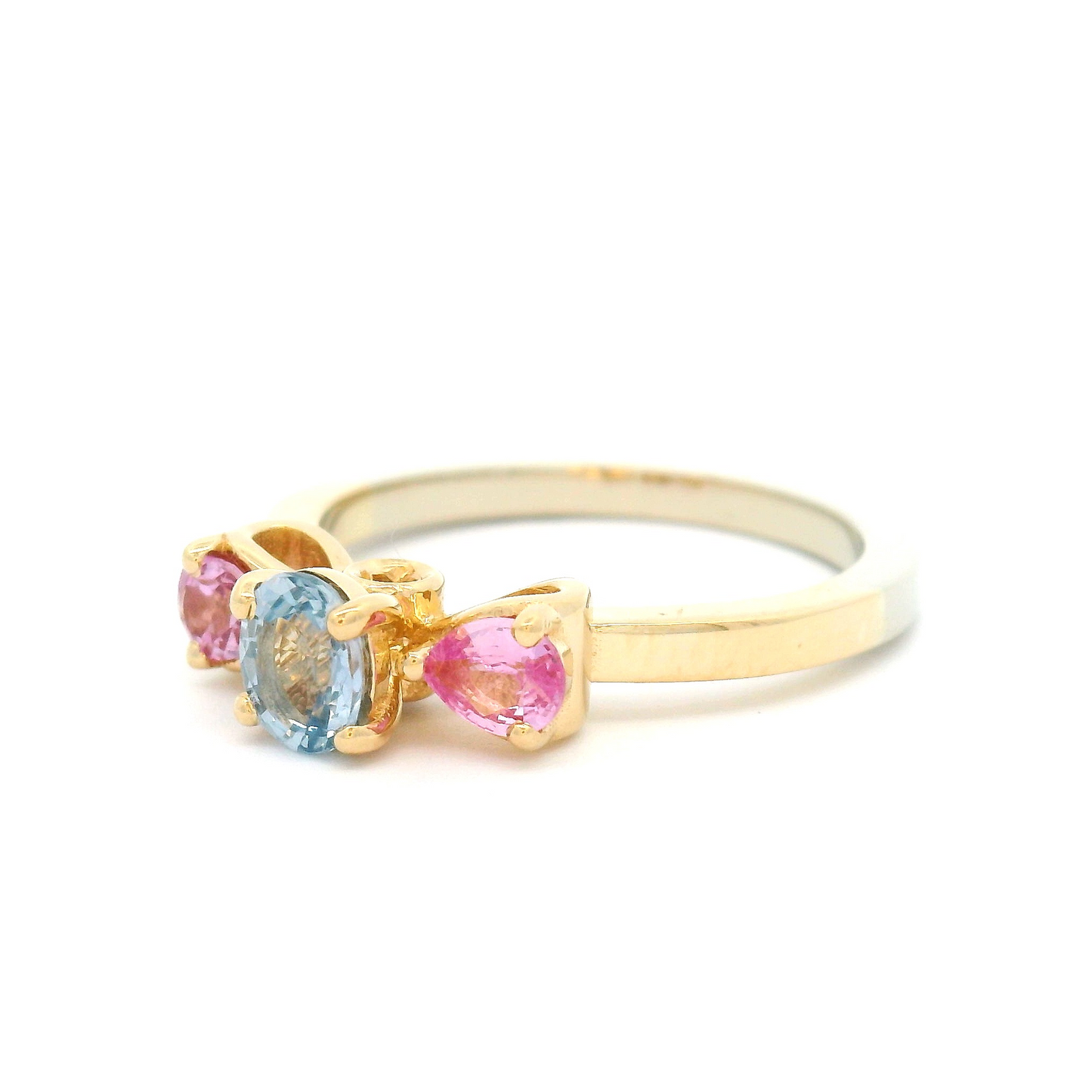 14k Yellow and White Three Stone Engagement Ring with 0.45ct Blue Oval Sapphire and Pink Sapphire Side Stones