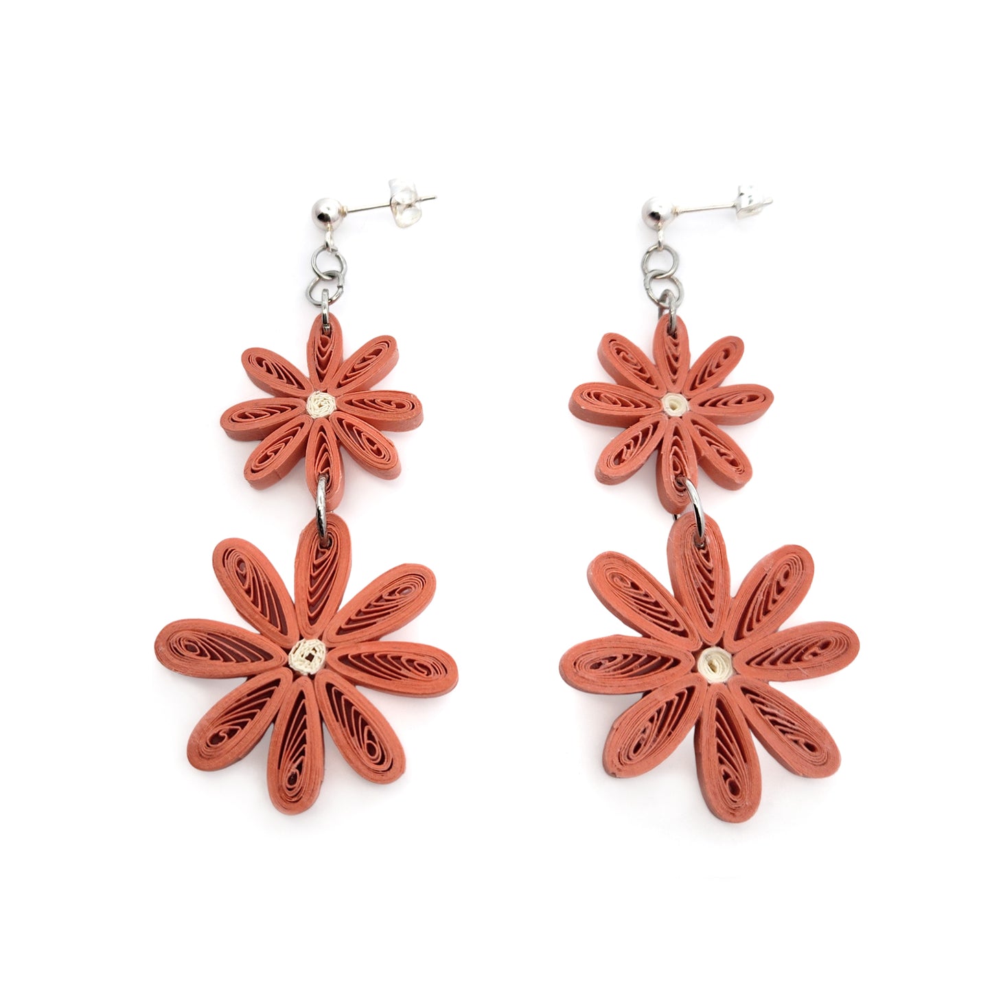 Coral Double Daisy Drop Paper Earrings