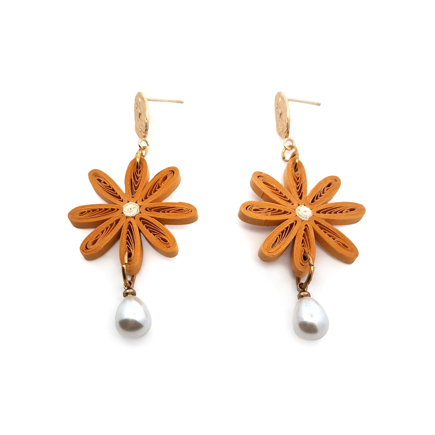 Ochre Single Daisy & Pearl Drop Paper Earrings
