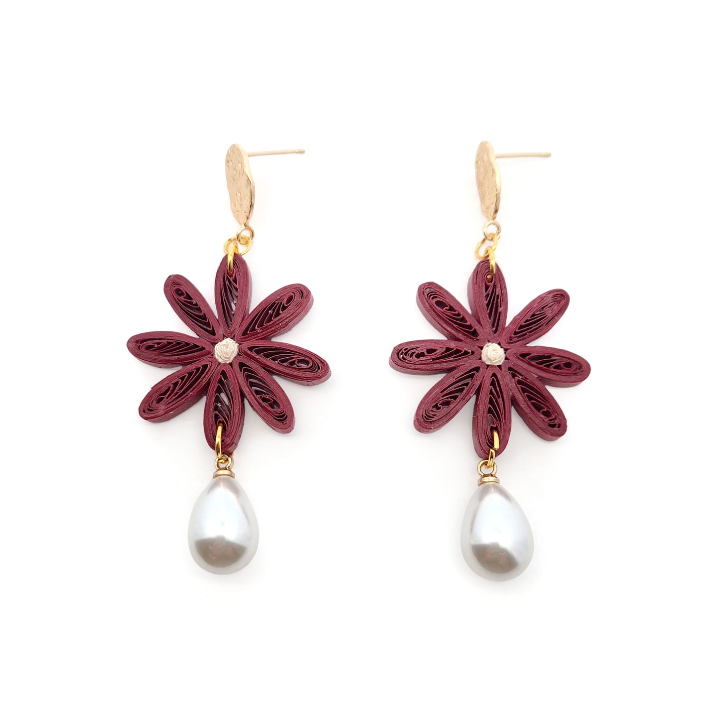Purple Single Daisy & Pearl Drop Paper Earrings