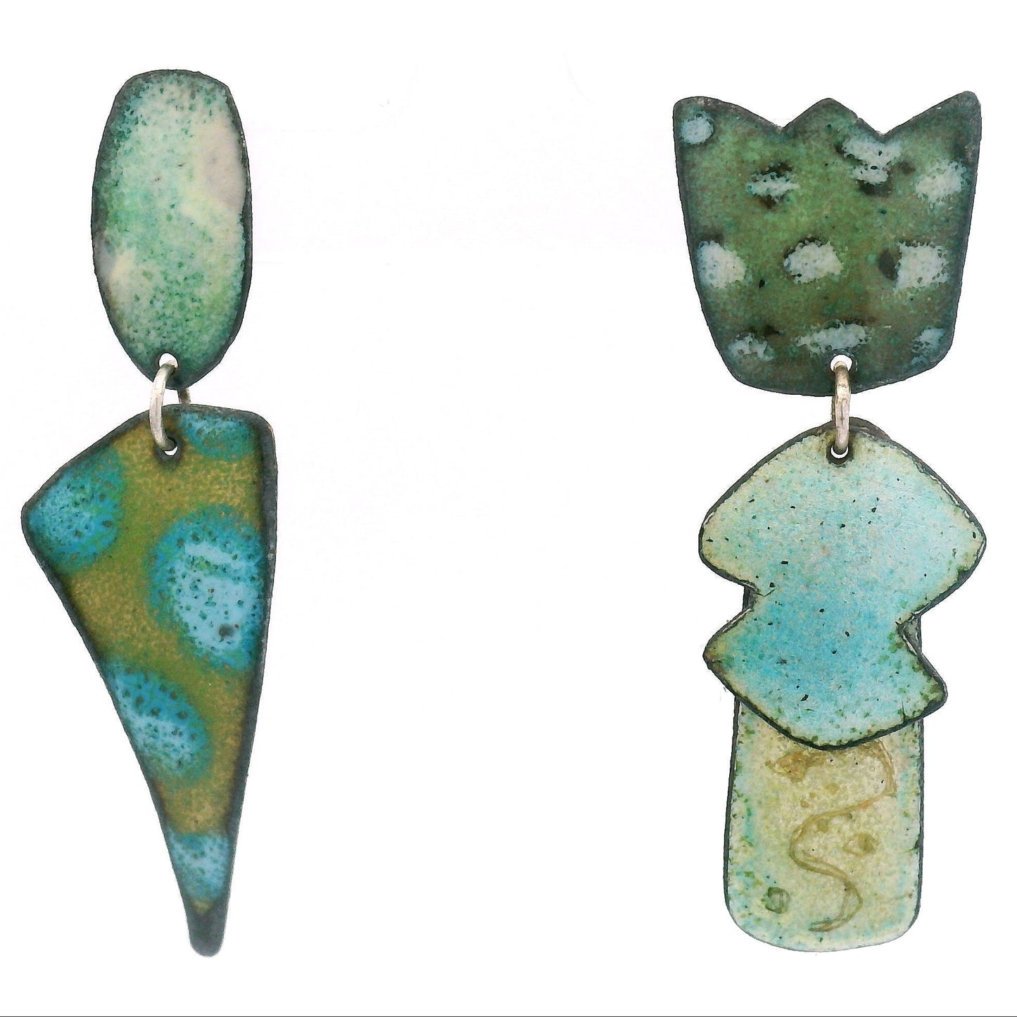 Asymmetrical Teal & Green Enamel Earrings