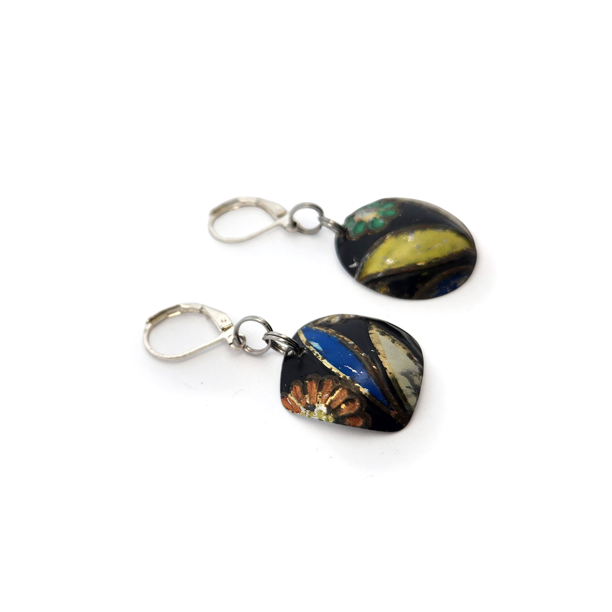 Black & Blue Vintage Tin Asymmetric Dangle Earrings