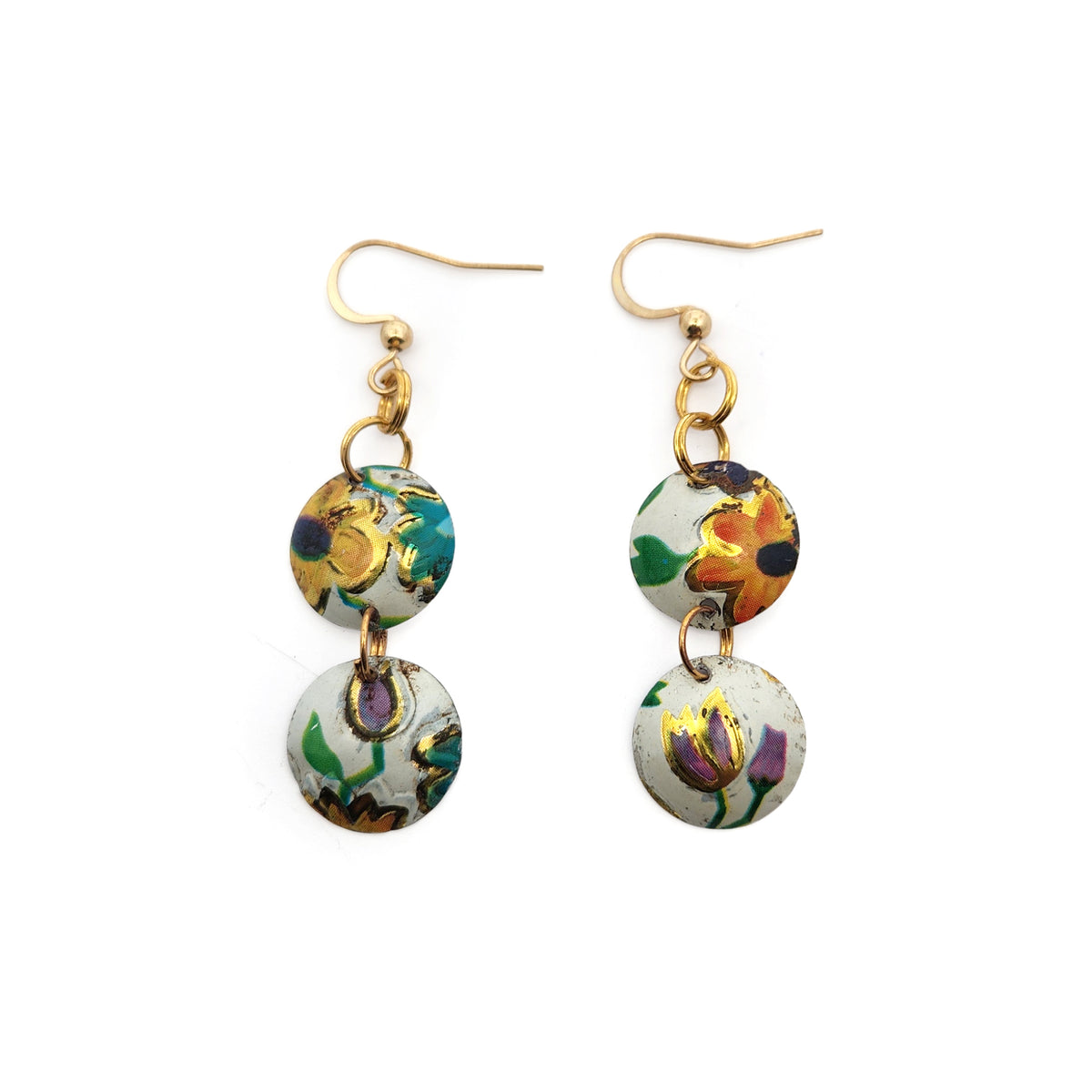 White Floral Double Dangle Vintage Tin Earrings