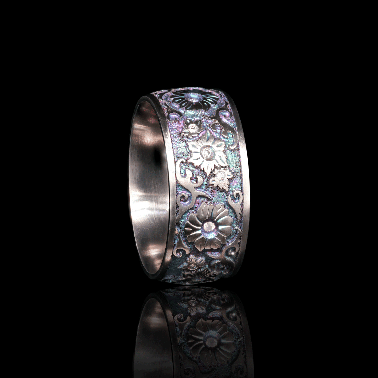 Titanium Floral Etched Band with Accent Moissanites