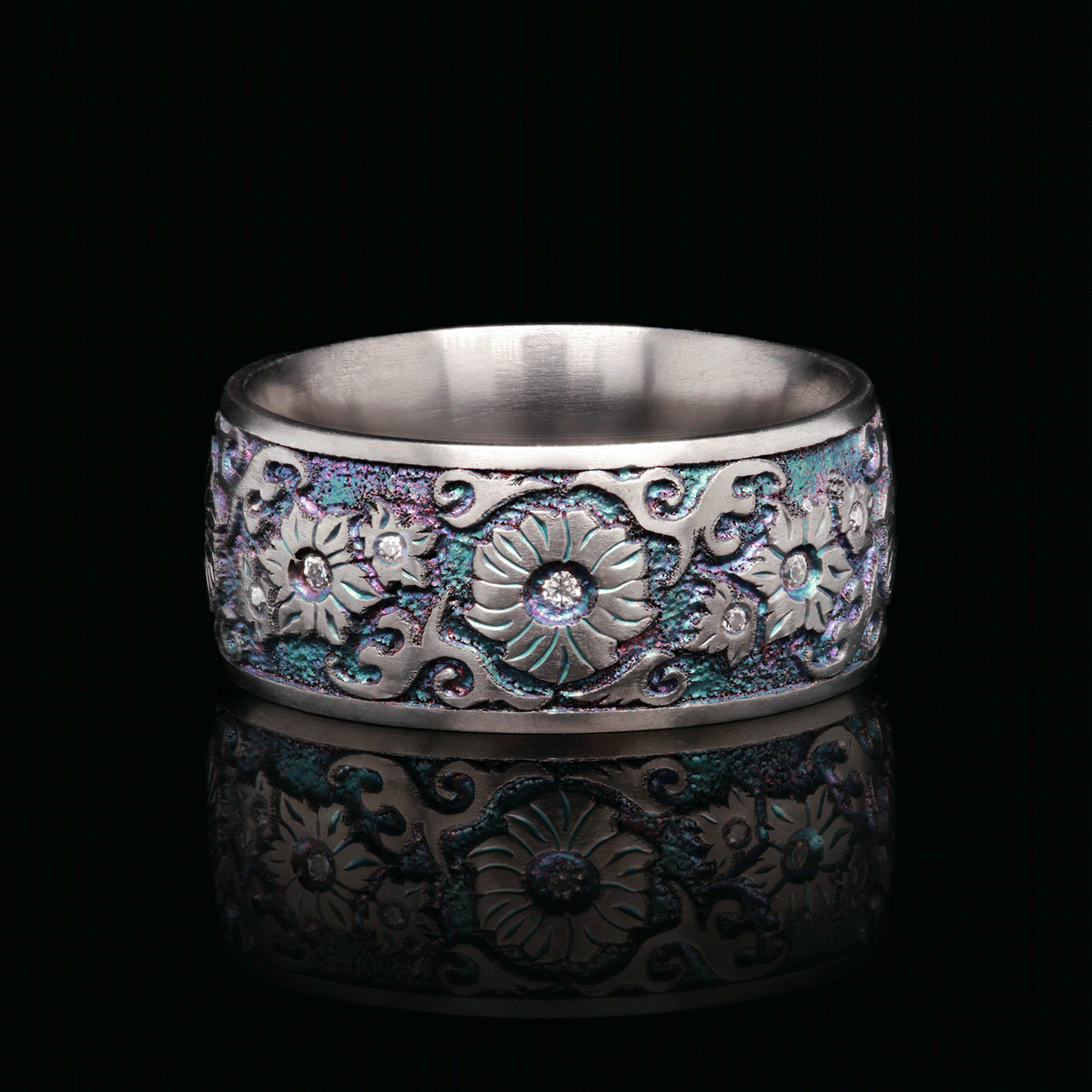 Floral Fantasy - Moissanite & Titanium Fine Etched Band