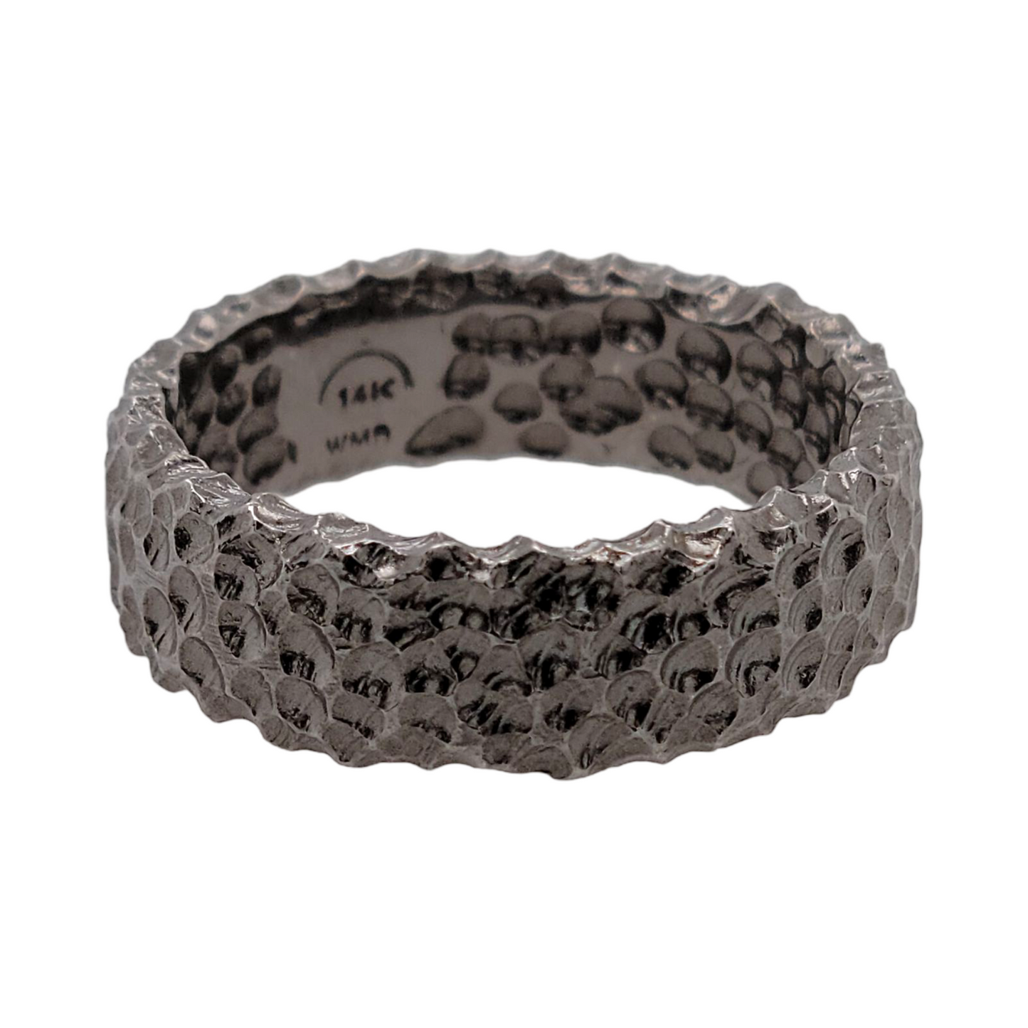 14K White Heavy Textured Black Band