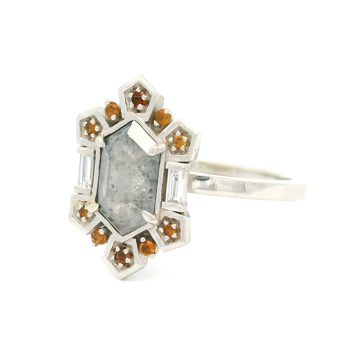 14k White Ring with 0.87ct Rose-Cut Diamond, Accent Diamond Baguettes and Citrines