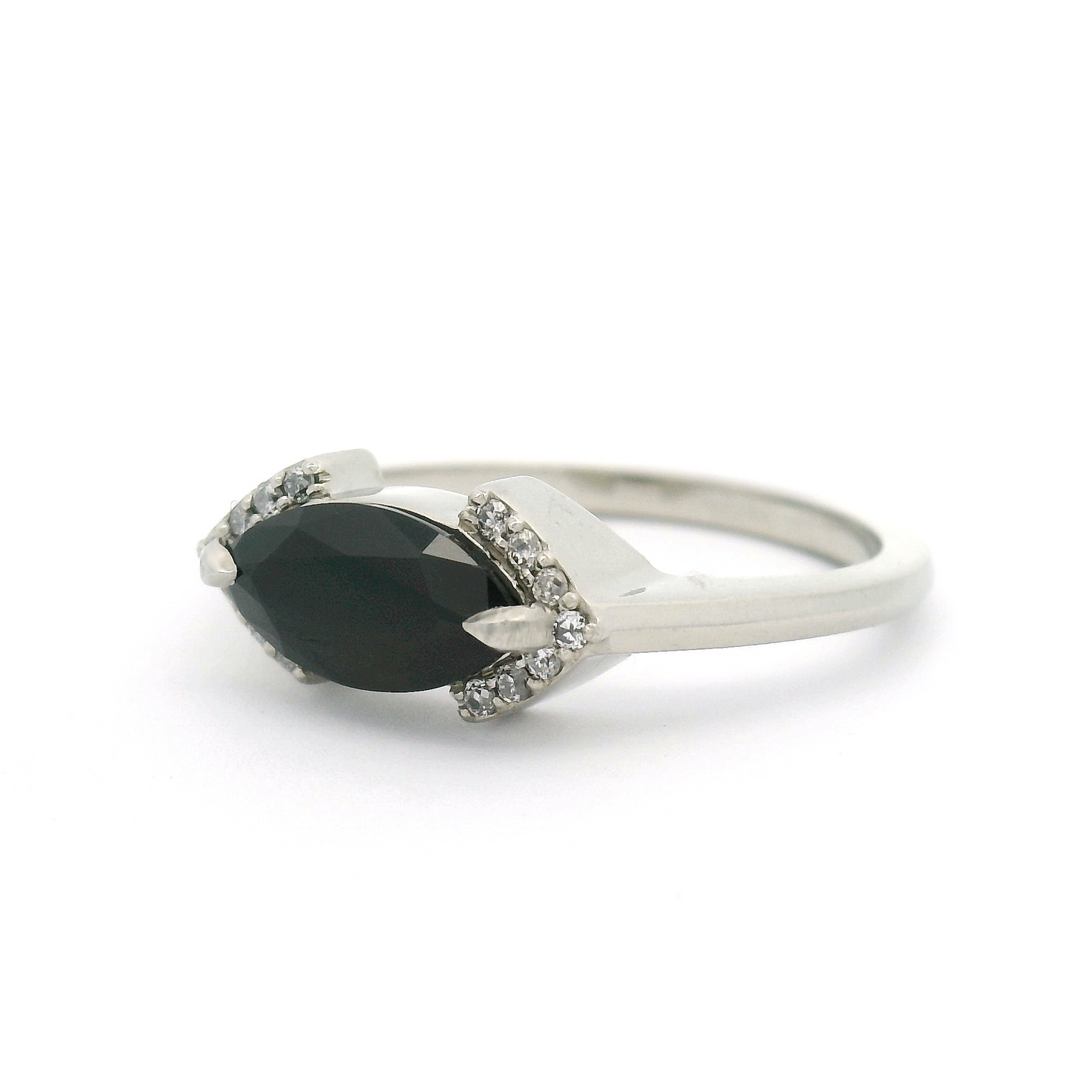 14k White Ring with Marquise Black Spinel and Accent Diamonds